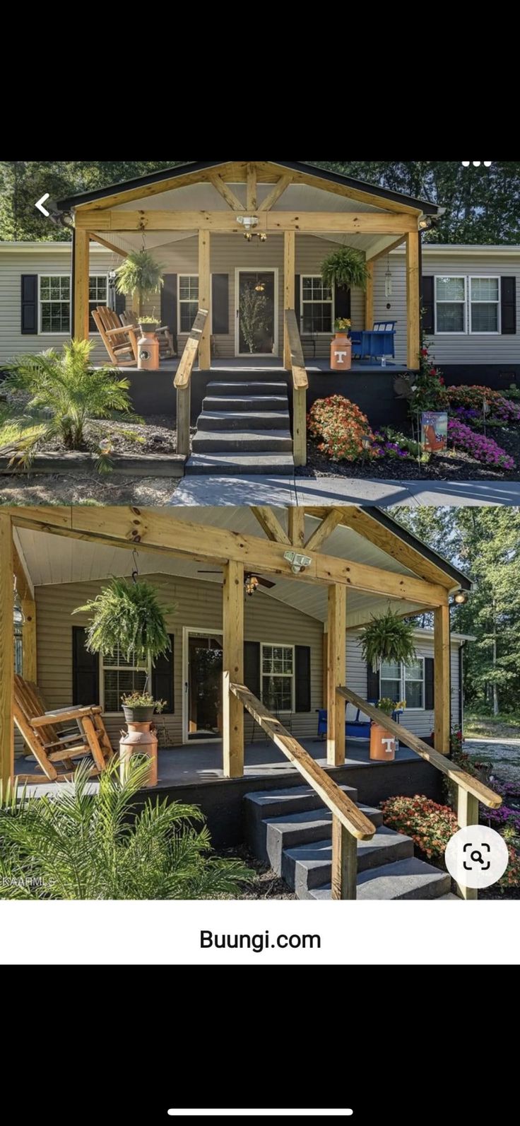 the before and after pictures of a house with porches on each side, covered in wood