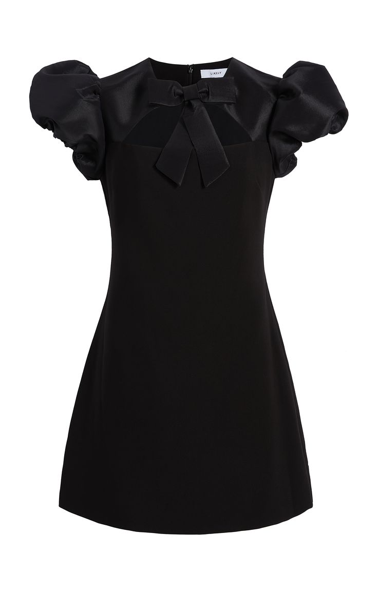 Discover elegance and sophistication with the Pirro Dress. This mini dress features a unique tie detail, chic cut out accents and playful puff sleeves, creating a stunning fit and flare silhouette. Look and feel confident in this classic, stylish piece. Fit Details Cut out necklineLinedFit and flare silhouetteMini lengthShort sleeve67% Polyester 27% Rayon 6% SpandexDry Clean Only Imported Length: 33in/83.82cm, from shoulderMeasurements from size 4 Black Mini Dress Puff Sleeves, Black Cute Dress, Dresses With Bows, Chic Short Dress, Dress With Jewels, Black Dress Classy, Black Bow Dress, Pretty Mini Dresses, Bow Sleeves