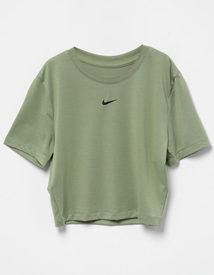 Nike Sportswear Essential Slim Crop Tee. Embroidered Nike Swoosh Logo On Center Chest. Ribbed Crew Neckline. Short Sleeve. Slim Fitting, Cropped Fit. 49% Polyester, 48% Modal, 3% Spandex. Machine Wash. Imported Cute Shirts To Buy, Long Short Sleeve Shirt, Nike Shirts Aesthetic, Styles For School Clothes, Nike Clothes Women Aesthetic, Nike Clothes Women's Outfit, Athletic Shirts Women, Cute Outfits No Crop Top, Cute Basic Shirts