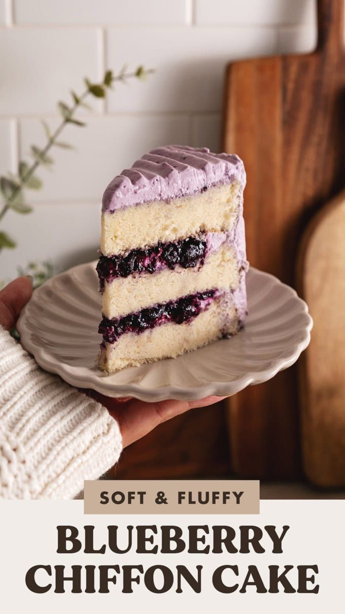 a slice of blueberry chiffon cake on a plate with text overlay