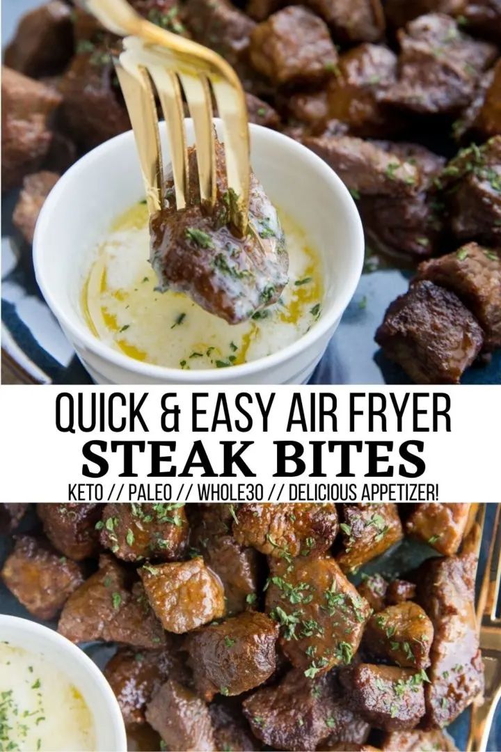 two pictures with different types of food in them and the words quick & easy air fryer steak bites