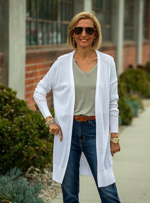 White Lightweight Open Front Long Cardigan - Just Style LA Lightweight Casual Cardigan For Layering, Lightweight Stretch Cardigan For Layering, Lightweight Casual Cardigan For Spring, Long Stretch Cardigan For Spring, Lightweight Casual Open Front Cardigan, Lightweight Casual Spring Outerwear, Long Spring Cardigan For Everyday Wear, Classic Stretch Cardigan For Layering, Open Front Cardigan For Spring