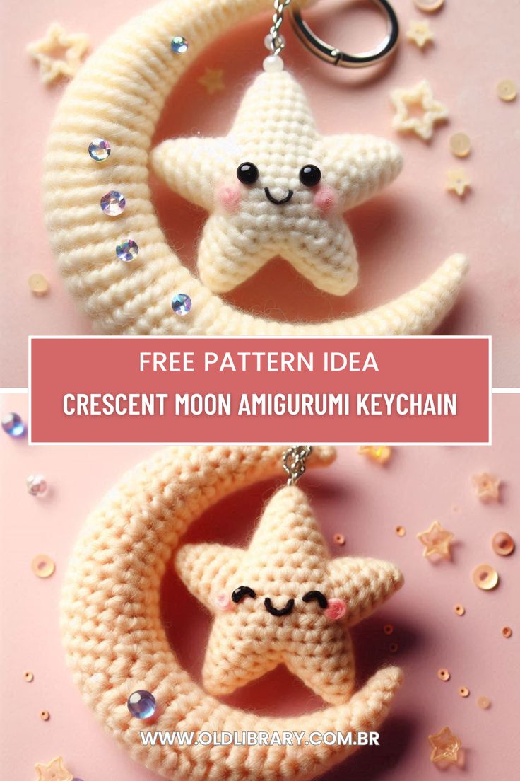 two crocheted stars and crescent keychains with text overlay that reads free pattern idea crescent moon amigurmi keychain