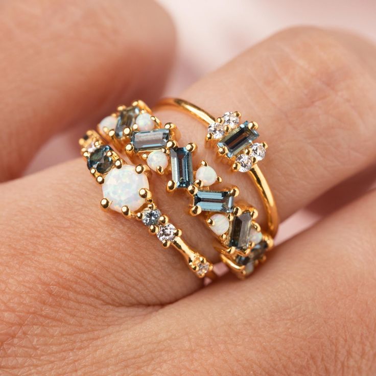 Product Description: 18kt gold vermeil, 4x2mm LBT, 2mm round opal cabochons Opal And Topaz Ring, Jupiter Rings, Mother Ring, Gold Things, Drops Of Jupiter, Ice Ring, Mother Rings, Fun Jewelry, Synthetic Opal