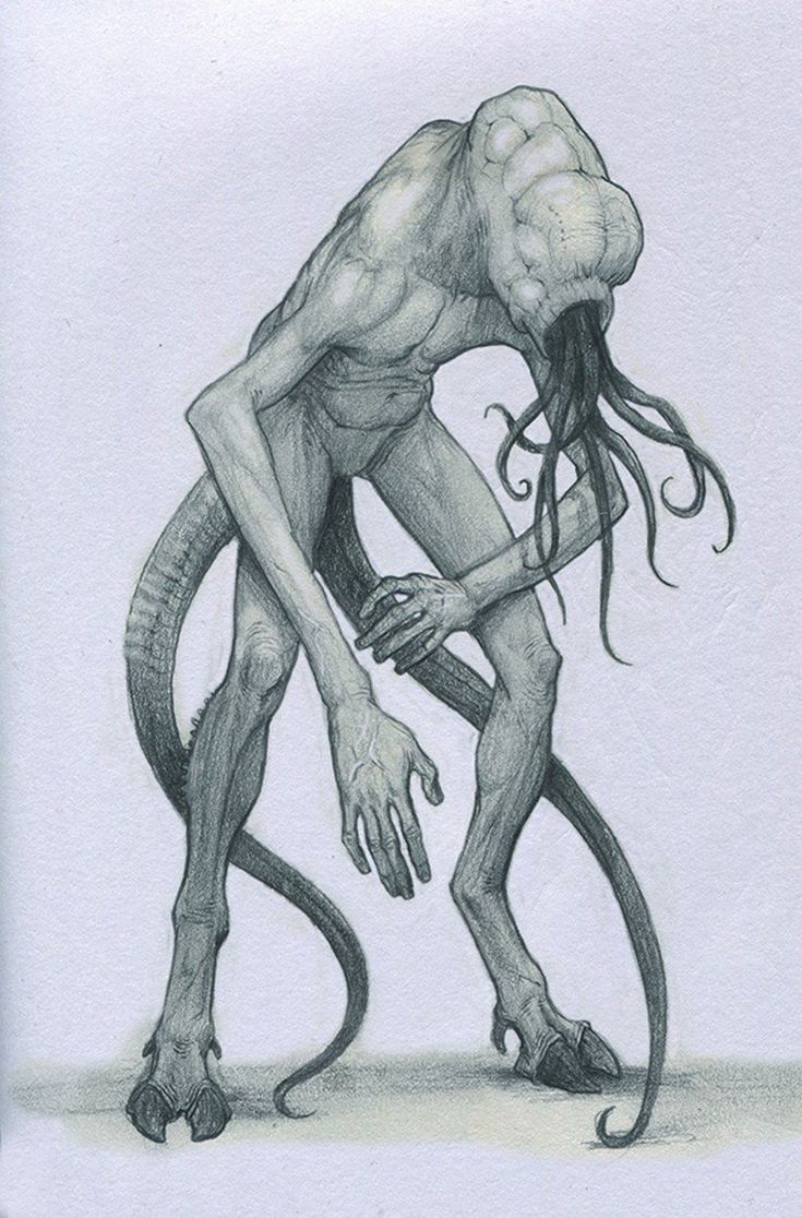 a drawing of a creature with its head in the air and hands on it's back