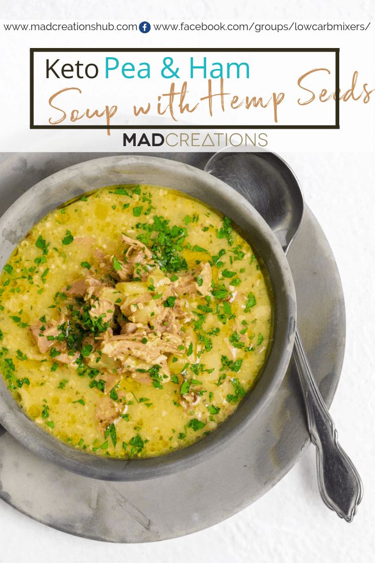 keto pea and ham soup with hem seeds in a metal bowl on a white background