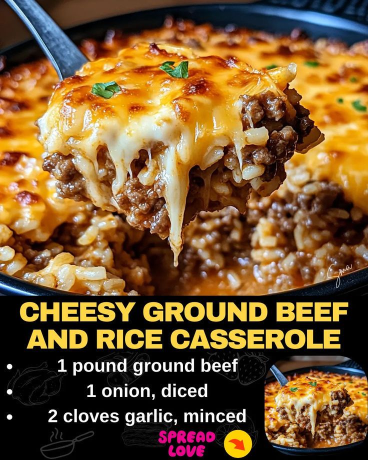 Cheesy Ground Beef and Rice Casserole Ground Beef And Rice Casserole, Cheesy Ground Beef And Rice, Beef And Rice Casserole, Cheesy Ground Beef, Ground Beef And Rice, Hamburger Casseroles Recipes, Rice Bake, Ground Beef Casserole Recipes, Rice Casserole Recipes