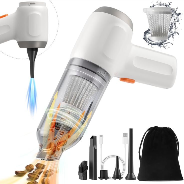 a close up of a blow dryer on a white background with other items surrounding it