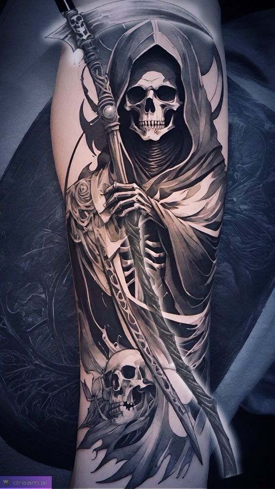 Grim Reaper Tattoo Designs, Tattoo Sleeve Themes, Graveyard Tattoo, Skull Rose Tattoos, Grim Reaper Tattoo, Mexican Art Tattoos, Reaper Art, Reaper Tattoo, Skull Sleeve Tattoos