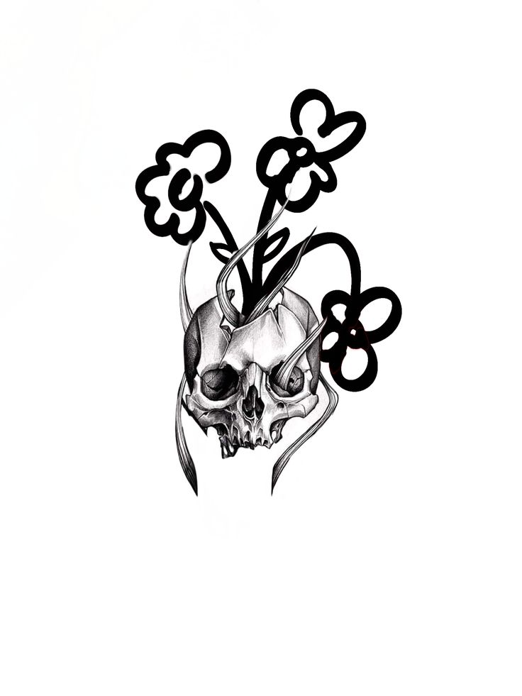 a black and white drawing of a skull with flowers on it's back side