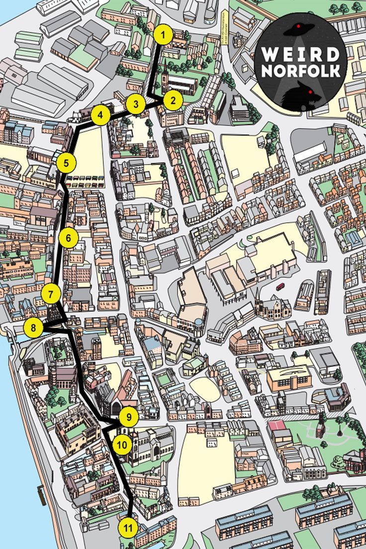 A map for "Strange Stroll in King's Lynn" highlighting all the locations in King's Lynn, West Norfolk. Witch's Heart, King's Lynn, Tudor House, S Heart, Number 9, The Tudor, Town Hall, Norfolk, Great Britain