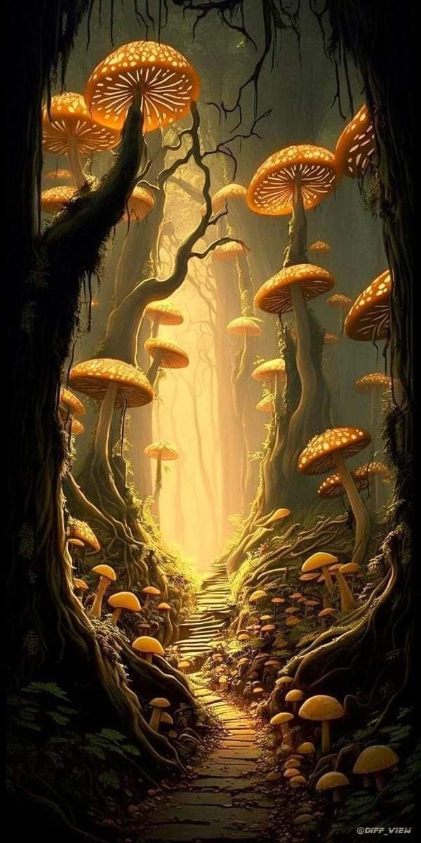 an image of a forest with mushrooms on the ground