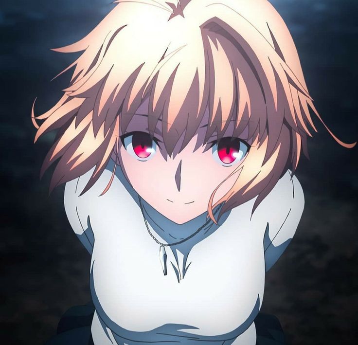 an anime character with red eyes and long blonde hair, wearing a white shirt in front of a dark background