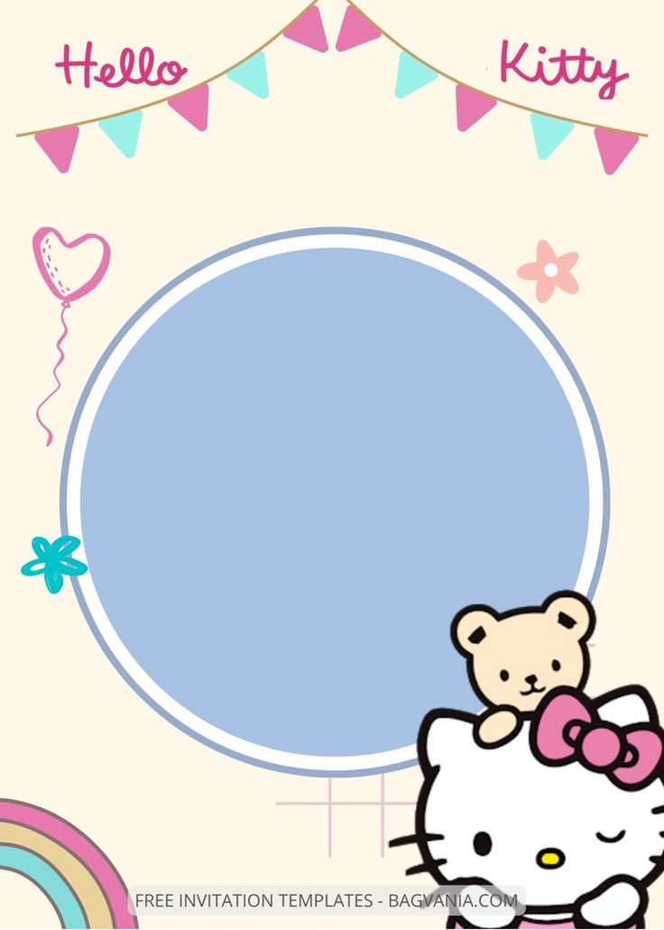 a hello kitty birthday card with an image of a teddy bear and a rainbow in the background