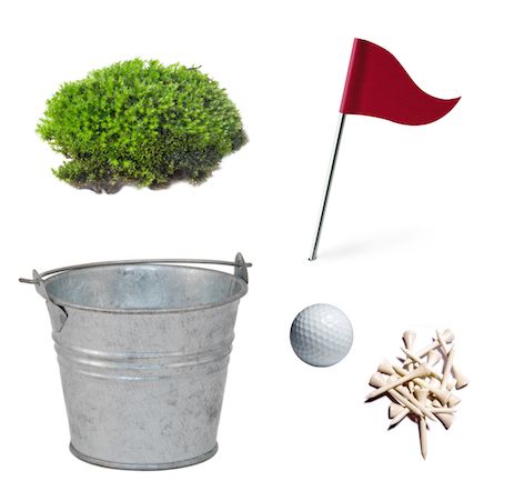 a golf ball, tee, and bucket with grass in it on a white background