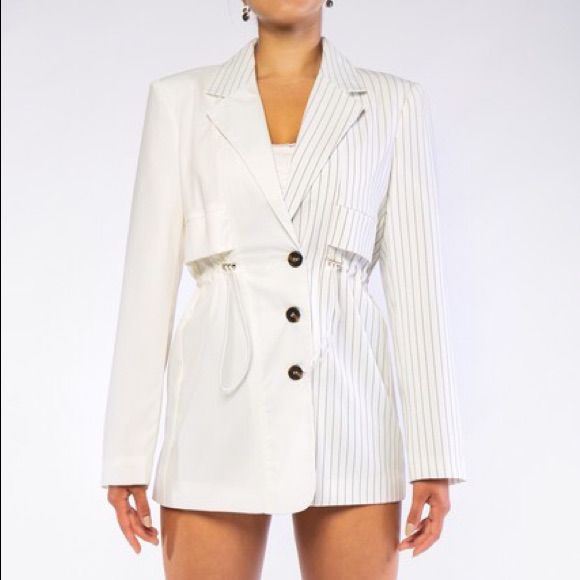 Half Pinstripe Drawstring Waist Blazer With Buttons Stretchy Spring White Outerwear With Contrast Stripes, Chic Spring Blazer With Vertical Stripes, Spring Pinstripe Blazer, Chic Pinstripe Outerwear For Spring, Chic Pinstripe Spring Outerwear, Chic Striped Summer Blazer, Trendy Striped Blazer For Spring, Waist Blazer, Lil Kim