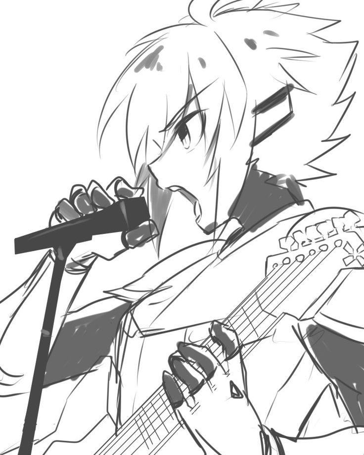 an anime character holding a guitar and singing into a microphone