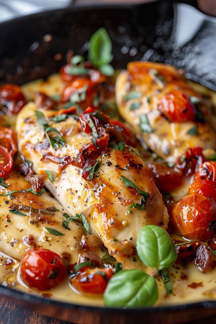 chicken with tomatoes and basil in a skillet