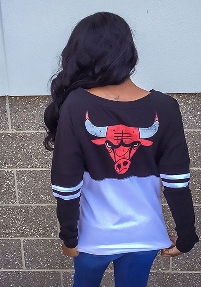 Chicago Bulls Womens Black Athletic LS Tee Black Sublimation Print Tops For Game Day, Black Screen Print Top For Fan Apparel, Black Screen Print Tops For Fans, Black Fan Apparel Top With Screen Print, Black Printed Tops For Fan Merchandise, Trendy Long Sleeve Tops For Game Day, Black Fan Apparel Top With Front Print, Long Sleeve Screen Print Fan Apparel Top, Fall Season Black Top For Sports Fans