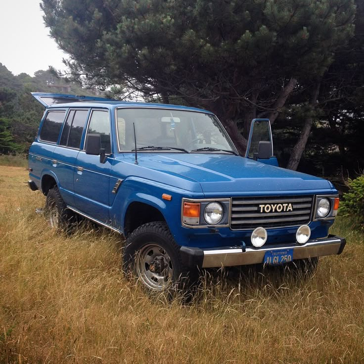 a blue toyota pickup truck parked in a field