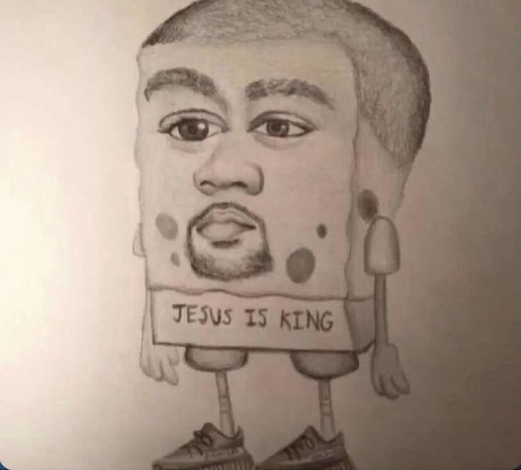 a drawing of a man holding a sign with jesus is king written on it in front of his face