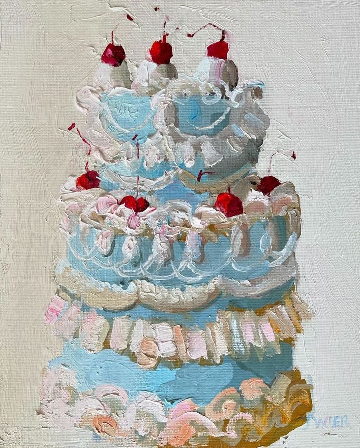 a painting of a blue cake with cherries on it's top and sides