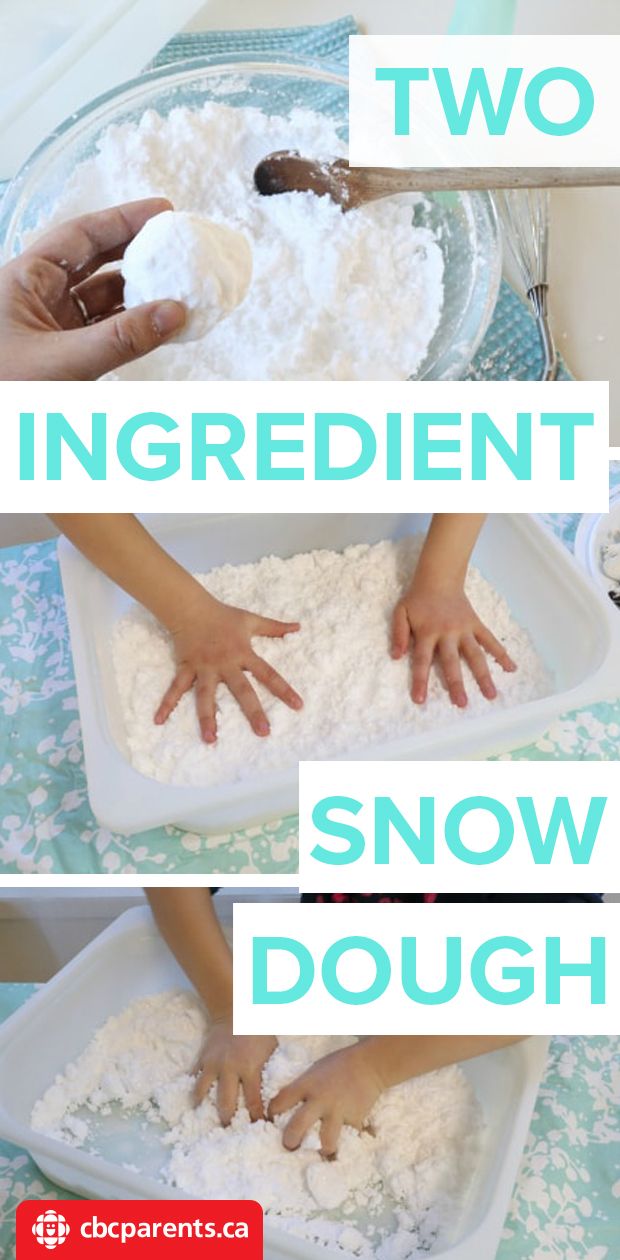 two images showing how to make snow dough with hands and fingers in the bowl on top