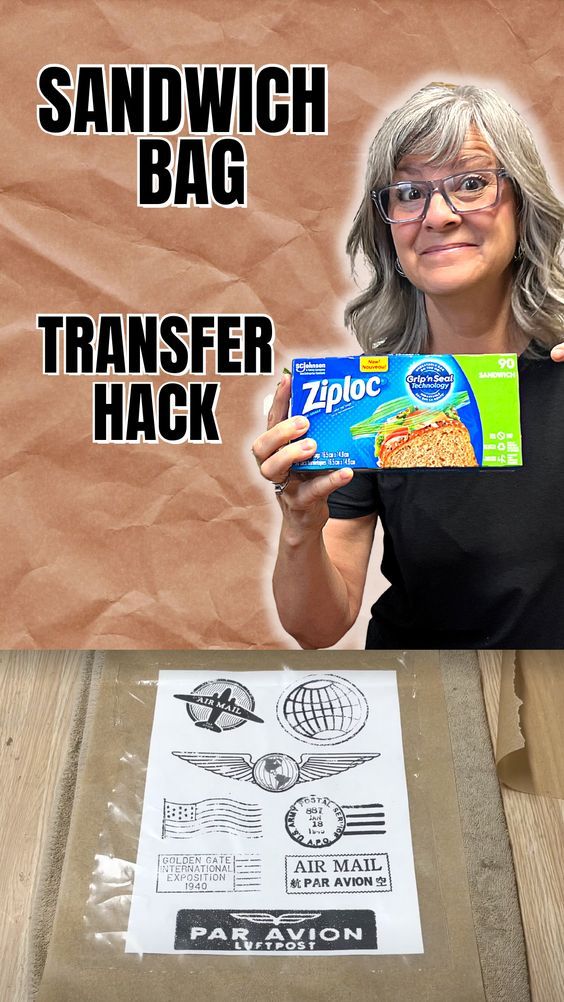 a woman holding up a sandwich bag in front of an advertisement for ziploc