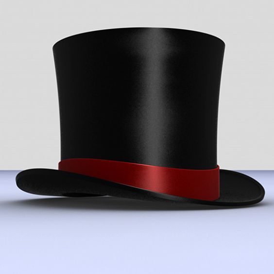 a black top hat with a red ribbon around the brim and side band on a light blue background