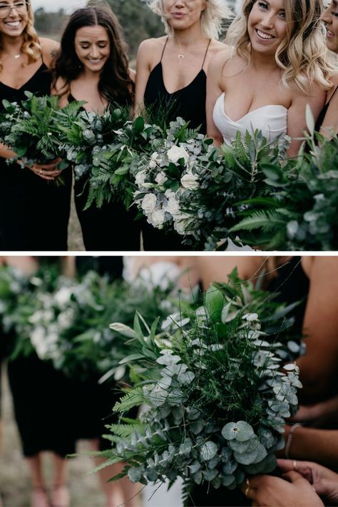 the bridesmaids are holding their bouquets together