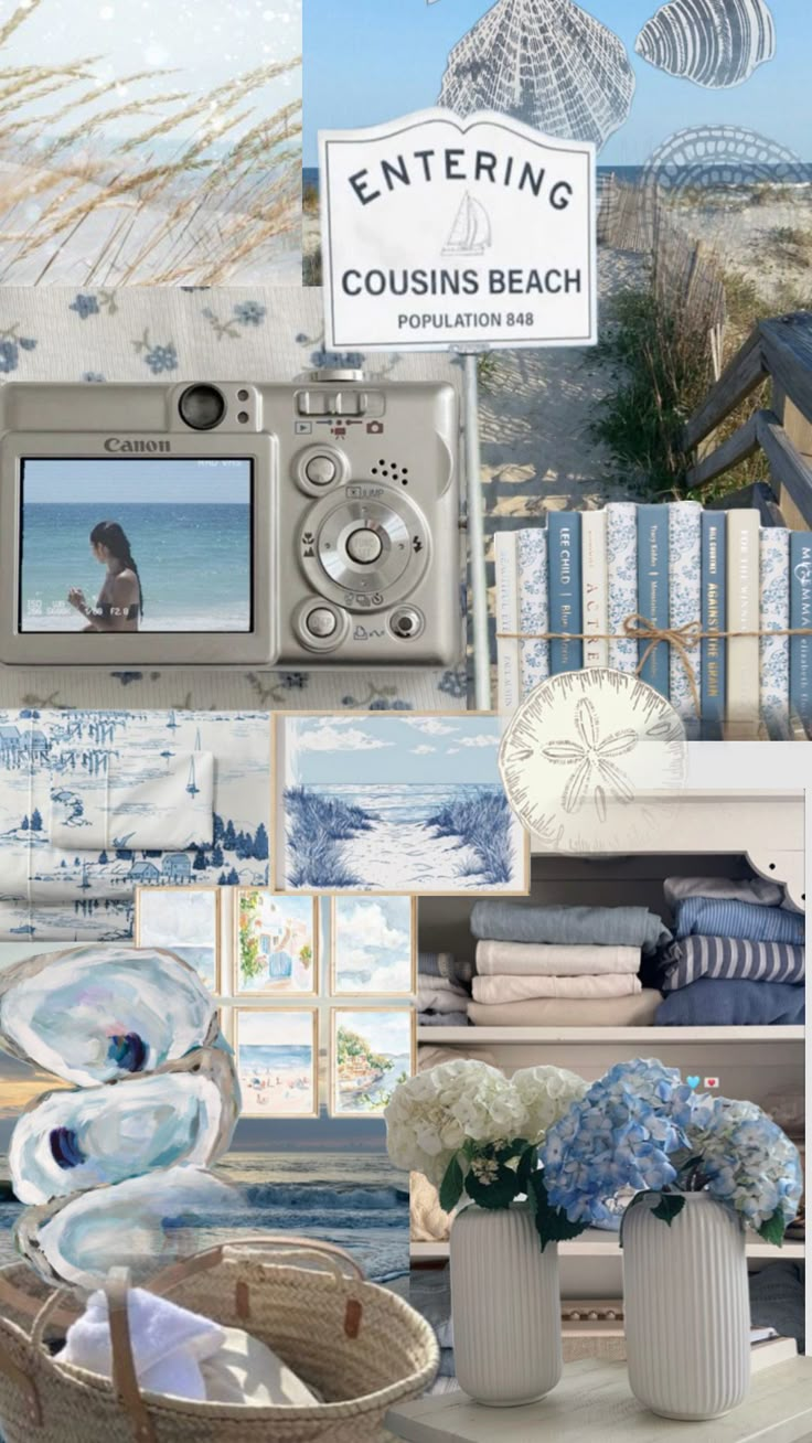 there is a collage of pictures with blue and white accents on it, including an ocean theme