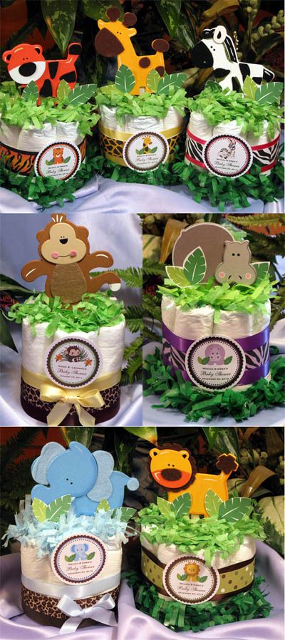 several pictures of baby shower cakes with animals on them and green leaves in the middle