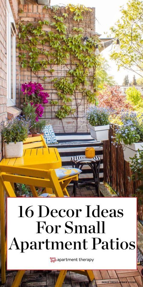 an apartment patio with yellow chairs and plants on it, text reads 10 decor ideas for small apartment patios