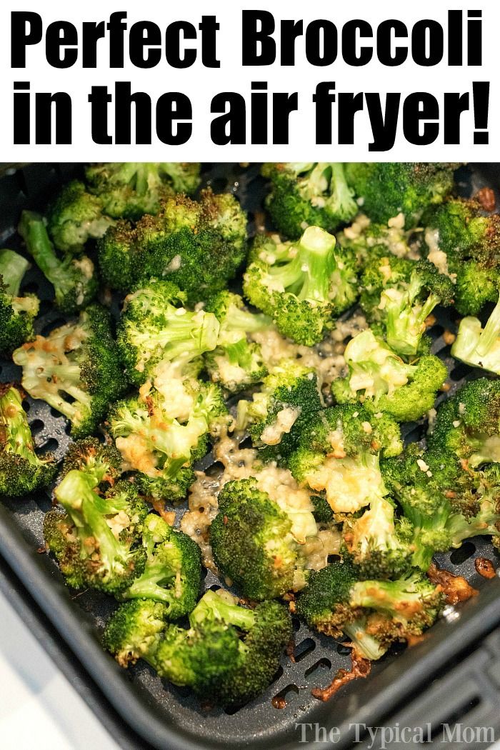 broccoli in the air fryer with text overlay