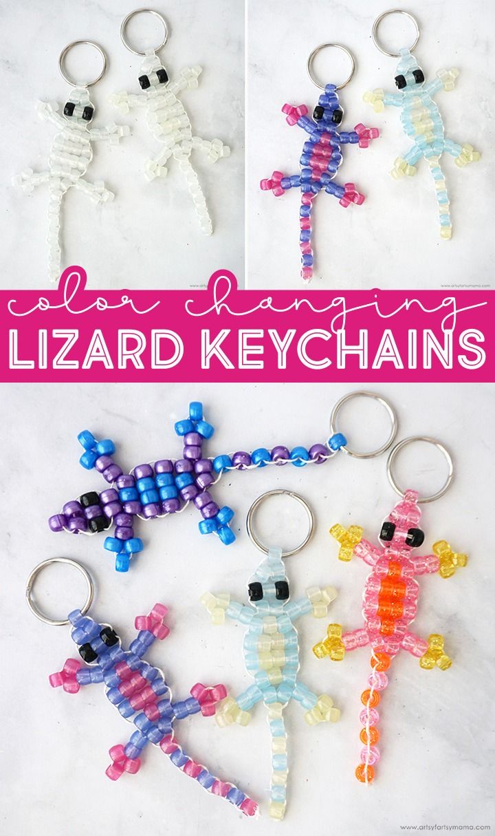 four different key chains made out of beads and plastic beads, with the words lizard key chains