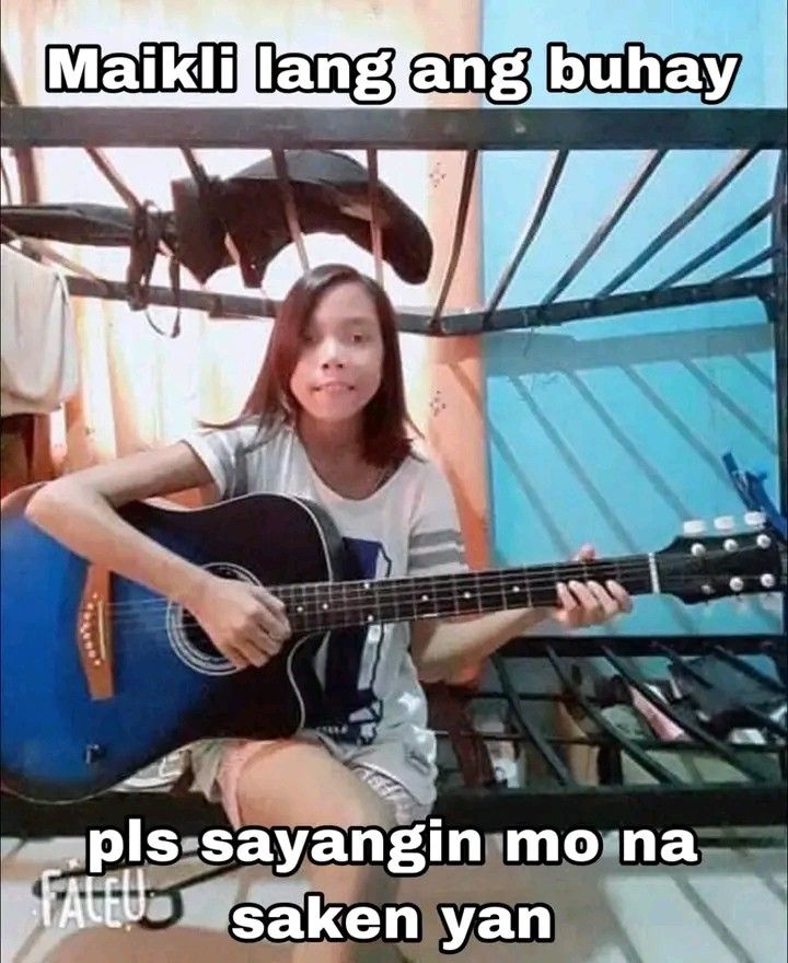 a woman sitting on top of a bed with a guitar in her hand and text that reads, maki lang angg buhay plls sayang no na