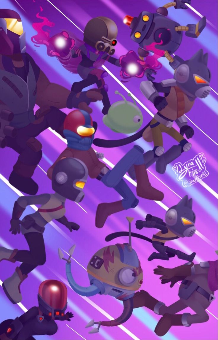 an image of some cartoon characters in the air with purple and blue lights behind them