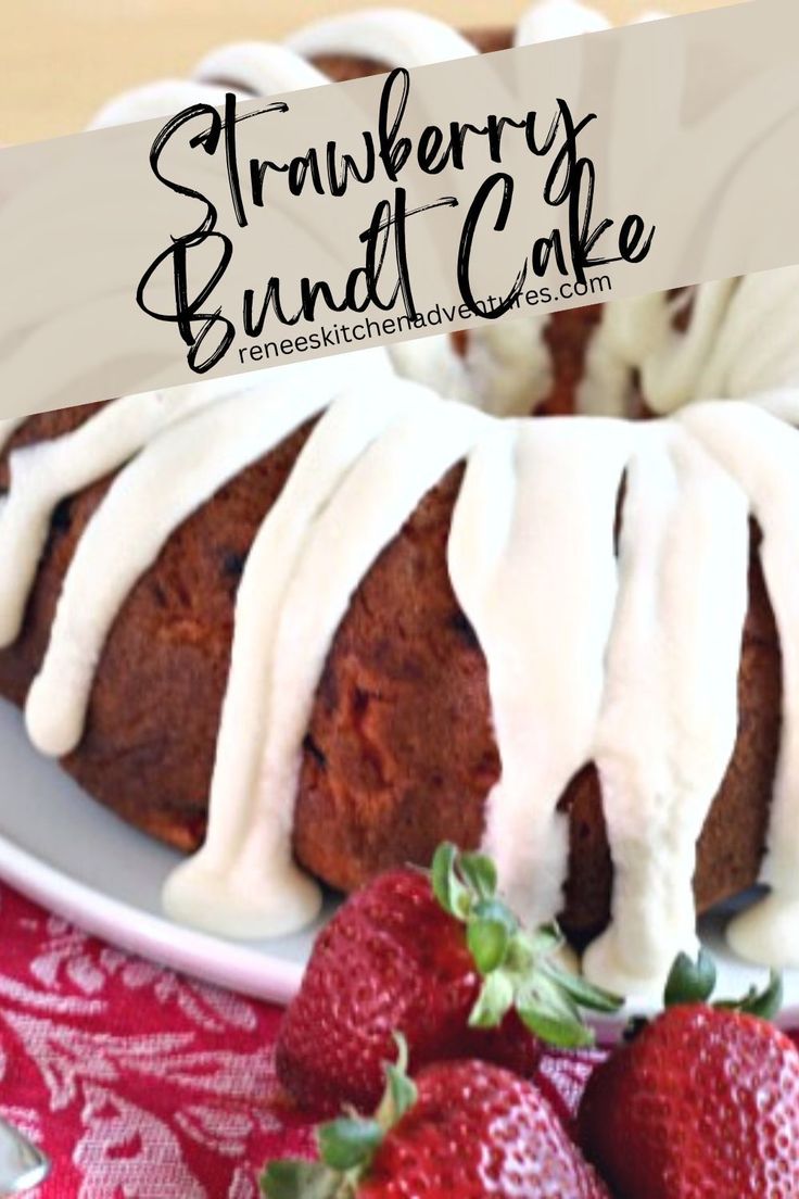 Frosted strawberry bundt cake on platter with fresh strawberry garnish, ready to serve. Easy Strawberry Bundt Cake, Strawberry Cake Mix Recipes, Strawberry Bundt Cake, Bunt Cake Recipe, Mini Bundt Cakes Recipes, Easy Bundt Cake Recipes, Bundt Recipes, Easy Bundt Cake, Cake Mix Desserts