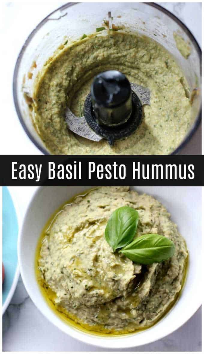 hummus being made in a food processor with basil leaves and pesto on top