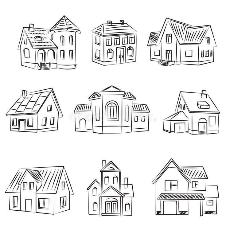 a bunch of houses that are drawn in pencil