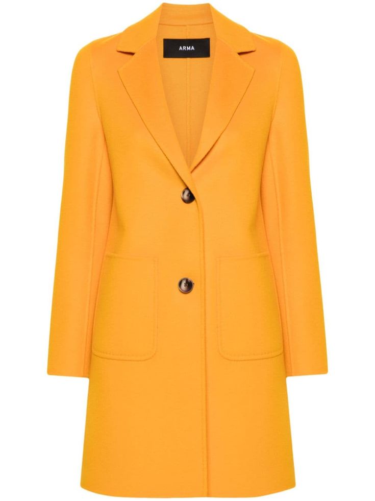 dark yellow wool felted finish notched lapels long sleeves two front patch pockets inside-out effect seams mid-length unlined straight hem front button fastening Orange Coat, Dark Yellow, Outerwear Coats, Yellow Orange, Outerwear Women, Wool Coat, Mid Length, Single Breasted, Wool Felt