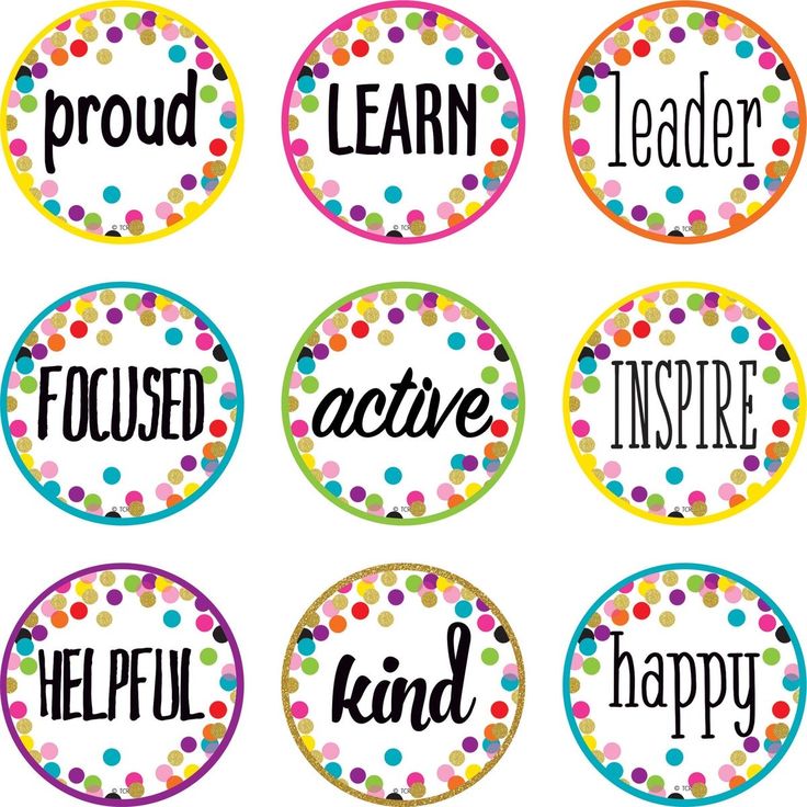 colorful polka dot circles with words that say happy, learn, inspire and be kind