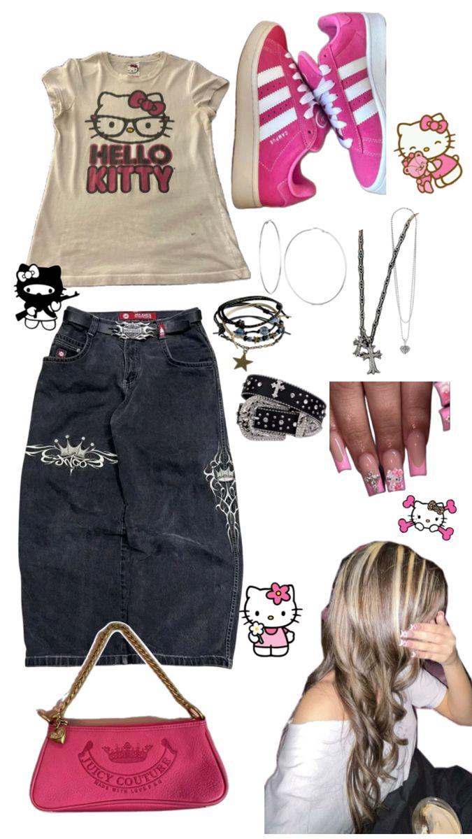 Baggy Hello Kitty Outfit, Hello Kitty Outfit Ideas, Outfit Ideas Baggy, 2000s Alt Fashion, Hello Kitty Outfit, Kitty Outfit, Baggy Outfits, Matching Outfits Best Friend, Outfits 2000s