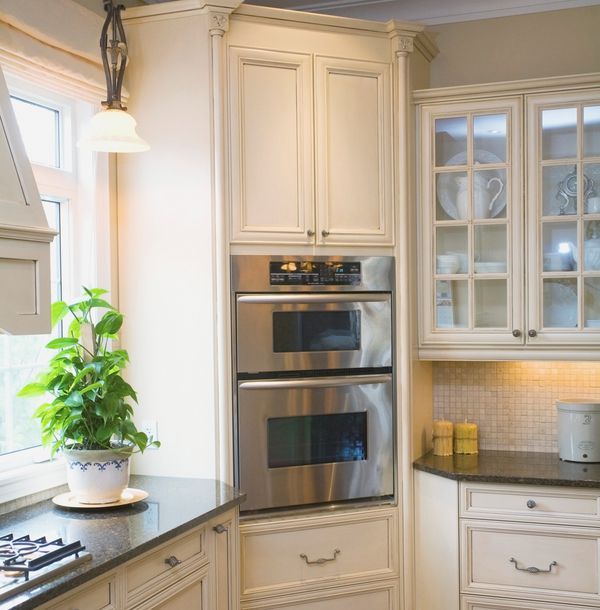 a kitchen with two ovens and a potted plant in the middle of it