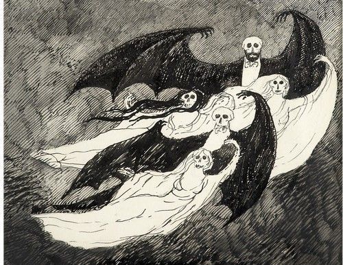 an old black and white drawing of some people in a boat with skulls on it