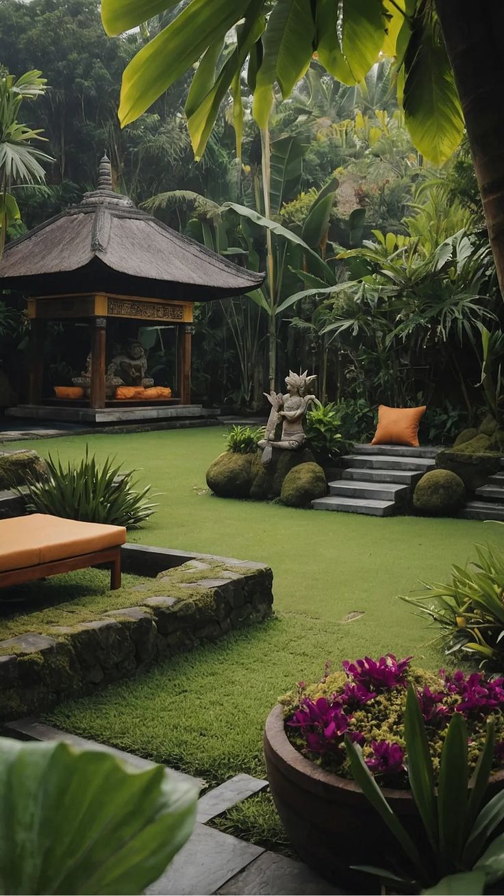 a lush green garden with lots of trees and plants in the center, surrounded by stone steps leading up to a gazebo