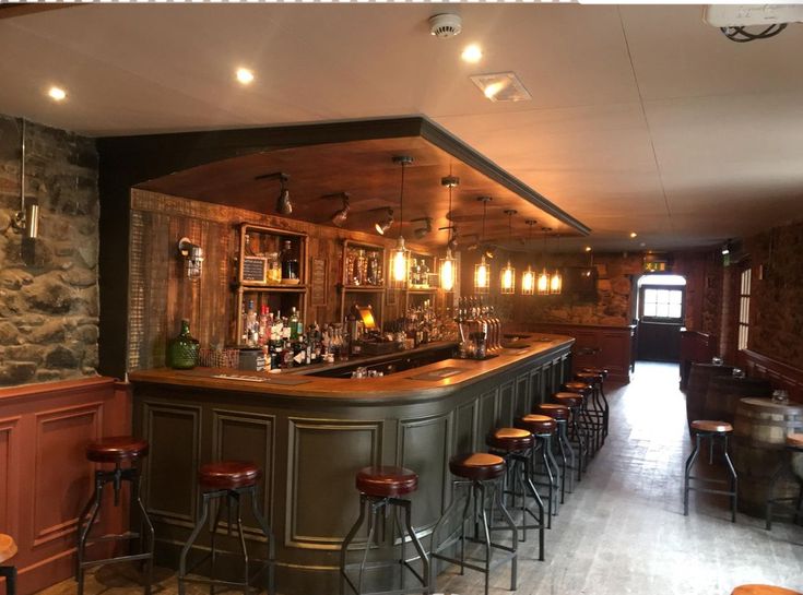 a bar with several stools in front of it