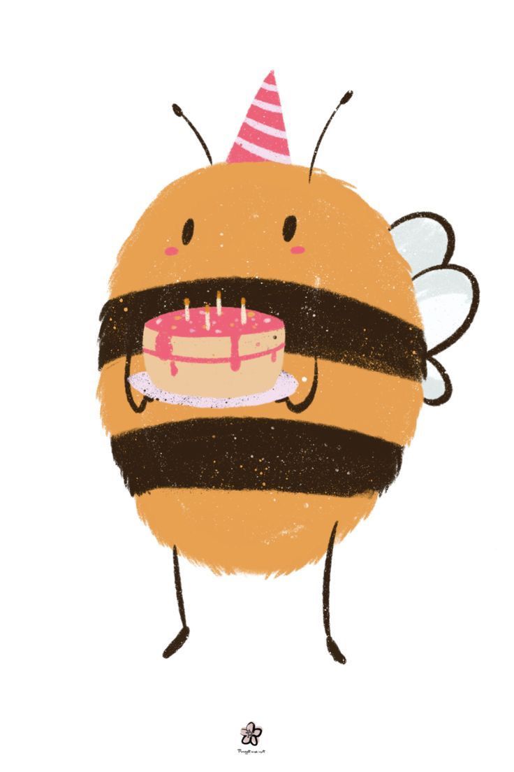 a drawing of a bee holding a birthday cake