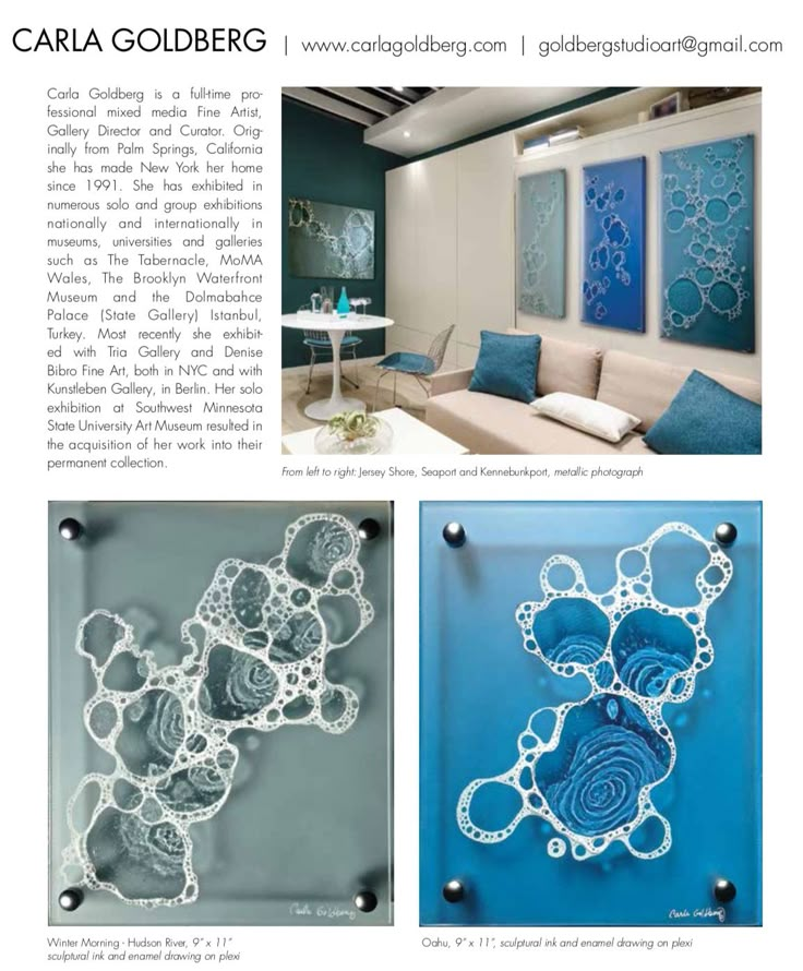 an article in the magazine called cara goldbergg, featuring pictures of furniture and artwork