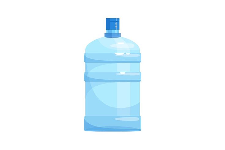 a large blue water bottle with no cap on the top and one side is empty